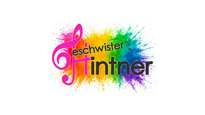 „Geschwister Hintner“ – Schriftzug auf einem lebhaften Hintergrund aus Regenbogenfarbspritzern mit einer rosa Violinschlüssel-Notenlinie. - HJPA Pro
