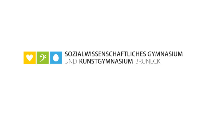 Logo mit einem gelben Herz, einem grünen Semikolon, einem blauen Oval und dem Schriftzug „Sozialwissenschaftliches Gymnasium und Kunstgymnasium Bruneck“. - HJPA Pro