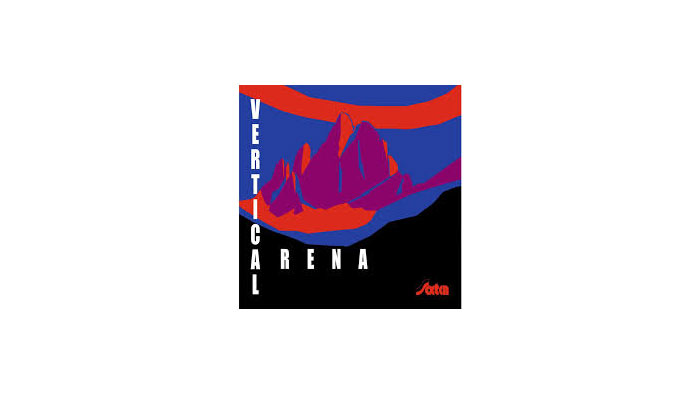Abstrakte rote Berge auf blauem und schwarzem Hintergrund mit dem Schriftzug „Vertical Arena“ an der Seite und am unteren Rand. - HJPA Pro